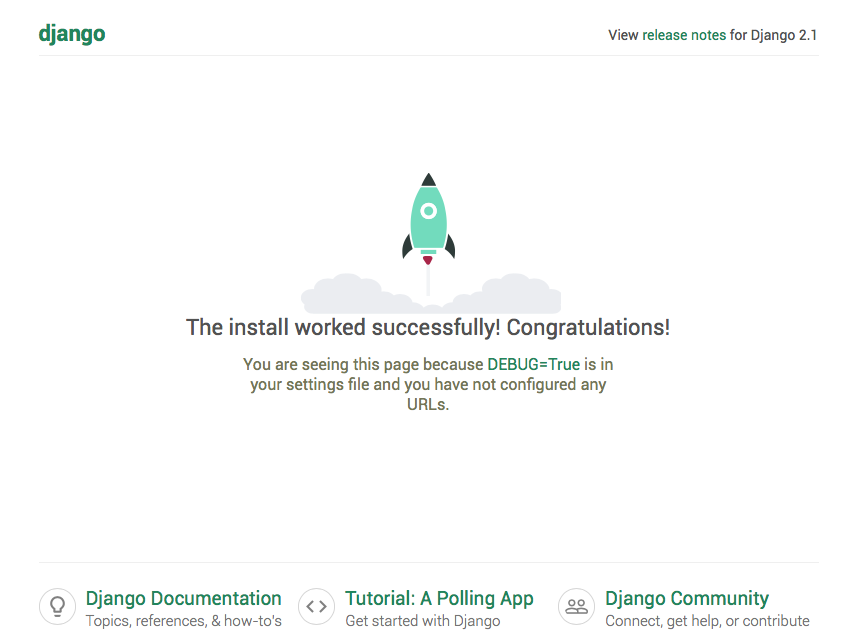 Screenshot of the landing page for a new Django 2.1 install